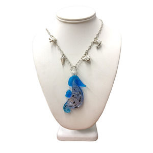 5/$25 Glass Seahorse Necklace Metallic Silver Blue Black Statement Necklace